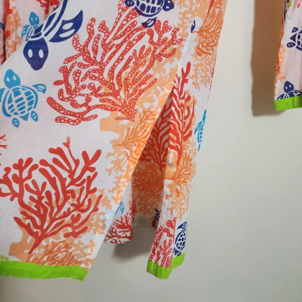 Peppermint bay colorful sea turtle coral print 3/4 sleeve swim coverup woman's S